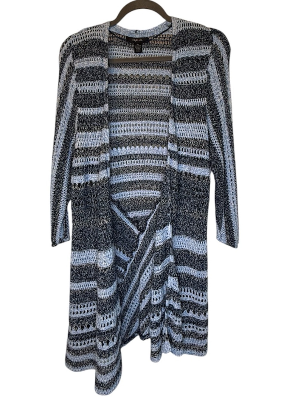 Style & Co. Blue and White Open-Front Striped Crochet Cardigan